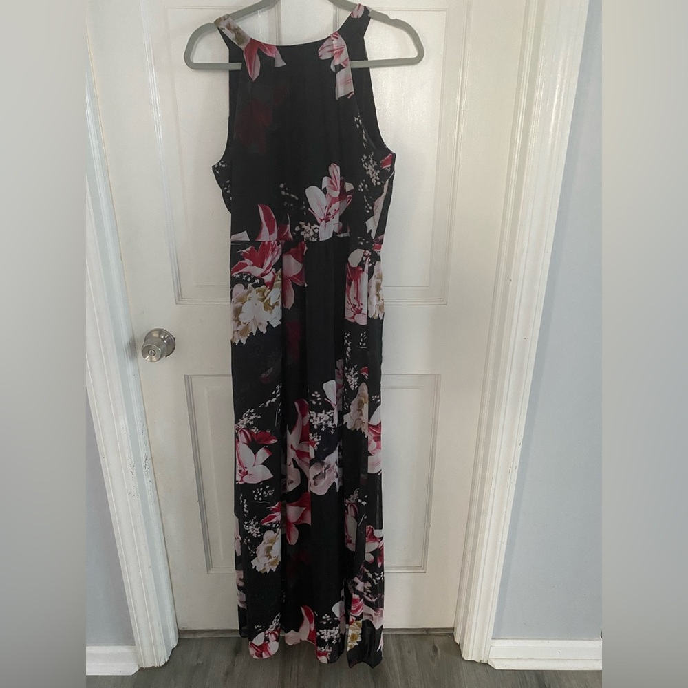 SLNY Black and Pink Floral Maxi Dress